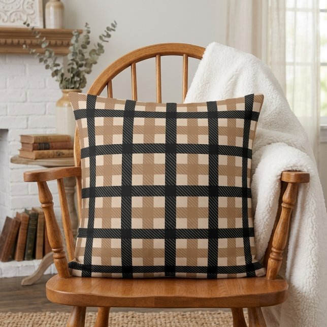 Klassisk Brun och Svart Texturerad Plaid Kastrull Kudde (Skapare uppladdad)