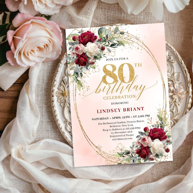 Klassisk burgunder Boho blommig 80-års födelsedags Inbjudningar (Classic Burgundy Boho Floral 80th Birthday Invite)