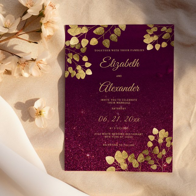 Klassisk burgunder glitter guld eukalyptus Bröllop Inbjudningar (Classic burgundy glitter gold eucalyptus Wedding)