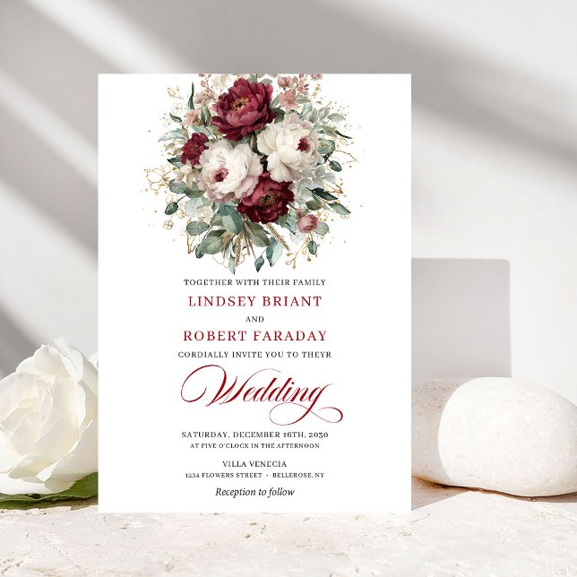 Klassisk Burgunder Vit Akvarell Bröllopsinbjudan Inbjudningar (Classic Burgundy White Watercolor Wedding Invitation)
