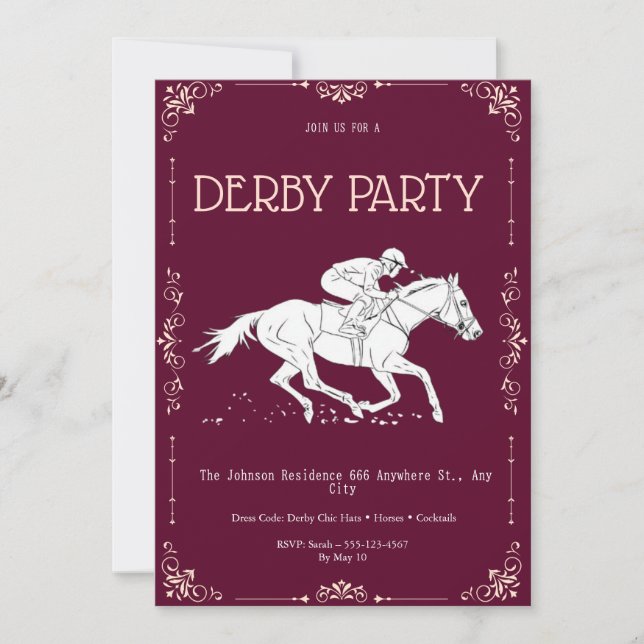 Klassisk Burgunder & Vit Kentucky Derby-fest Invi Inbjudningar (Framsida)