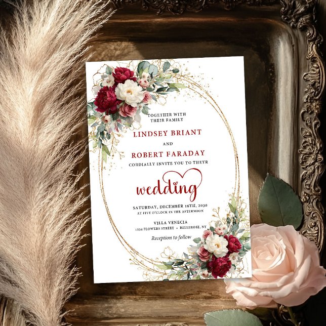 Klassisk burgunderfärgad blomster- och guldbröllop inbjudningar (Classic Burgundy Floral Gold Wedding Invitation)
