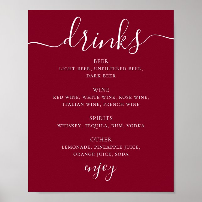 Klassisk burgunderfärgad meny för bröllopsbaren poster (Framsidan)