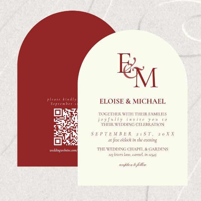 Klassisk Burgunderröd Monogram Minimalistisk Bröll Inbjudningar (Classic Burgundy Red Monogram Minimalist Wedding Invitation)