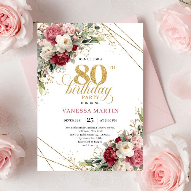 Klassisk burgunderrosa guld 80-års födelsedagsinbj inbjudningar (Classic Burgundy Blush Gold 80th Birthday Invite)