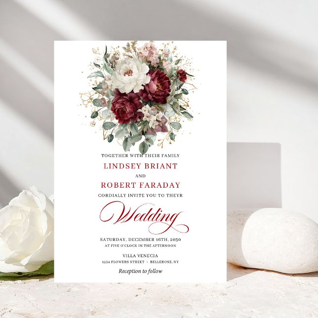 Klassisk Burgundervit Botanisk Bröllopsinbjudan Inbjudningar (Classic Burgundy White Botanical Wedding Invite)