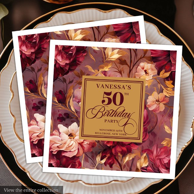 Klassisk burgundy  Guld-Blommigten 50:e födelsedag Pappersservett (Classic Burgundy Blush Gold Floral 50th Birthday Paper Dinner Napkins)
