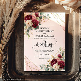 Klassisk burgundy Guld Flowers Timless Boho Inbjudningar