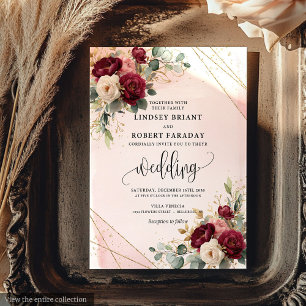 Klassisk burgundy Guld Flowers Timless Boho Inbjudningar