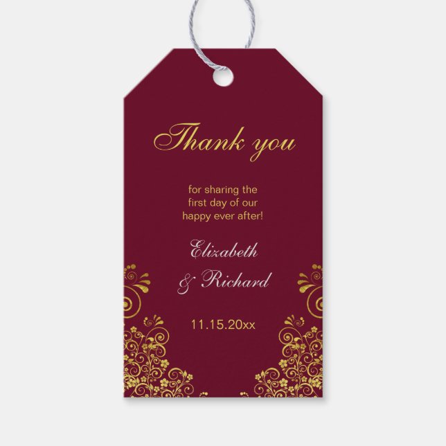 Klassisk Burgundy Guld Swirls Bröllop Tack Presentetikett (Framsidan)