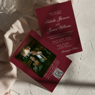 Klassisk Burgundy Old Money QR-kod Foto Bröllop Inbjudningar