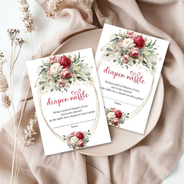 Klassisk Burgundy Roséblommande Blöja Lotteri Kort (Classic Burgundy Blush Floral Diaper Raffle Card)