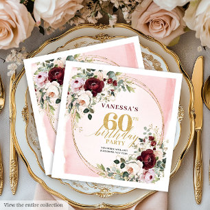 Klassisk Burgundy Rosenskär Blommig 60-års Födelse Pappersservett
