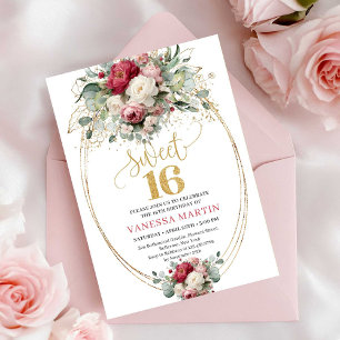 Klassisk Burgundy Vit Guld Blommig Sweet 16 Inbjud Inbjudningar