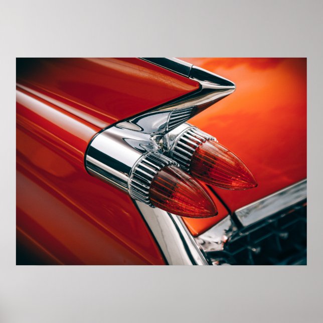 Klassisk Cadillac Svan Fin Auto Red Car Poster kon (Framsidan)