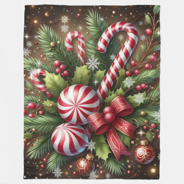 Klassisk Candy cane/pepparmynt-julgrey Fleecefilt (Framsidan)