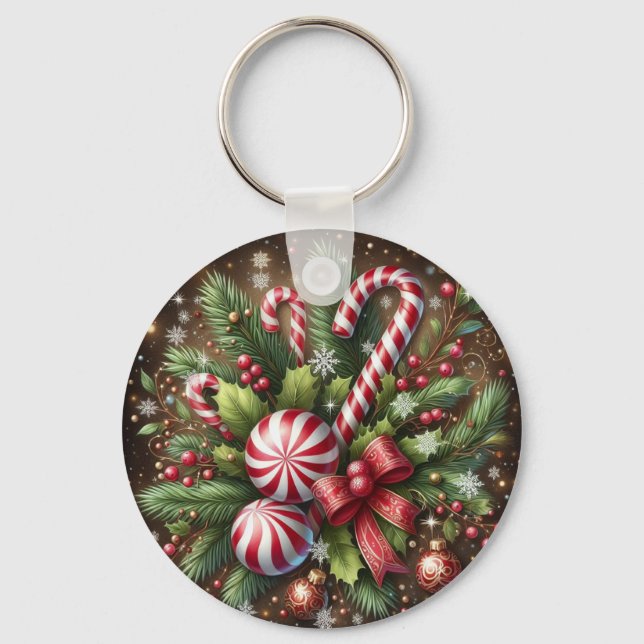 Klassisk Candy cane/pepparmynt-julgrey Nyckelring (Framsida)