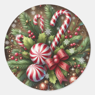 Klassisk Candy cane/pepparmynt-julgrey Runt Klistermärke