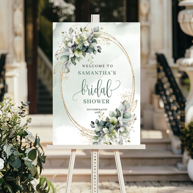 Klassisk charmörsväxt Guld Bröllopsdusch Välkommen Poster (Classic Charm Greenery Gold Bridal Shower Welcome Sign)