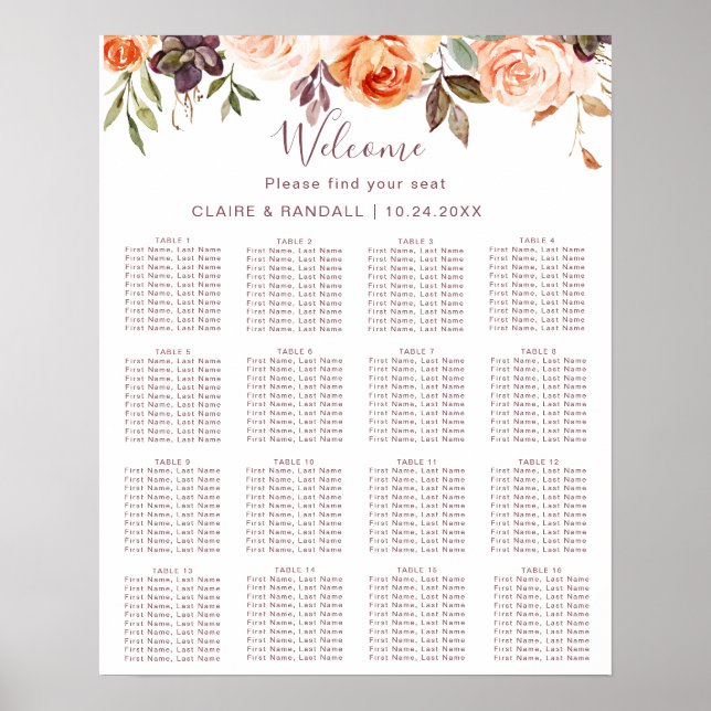 Klassisk Chic Boho Blommig Bröllopsställningskarta Poster (Framsidan)