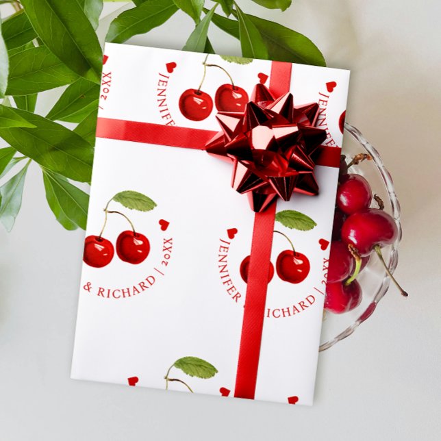 Klassisk Chic Söt Cherry Red White Bride Groom Presentpapper (Skapare uppladdad)