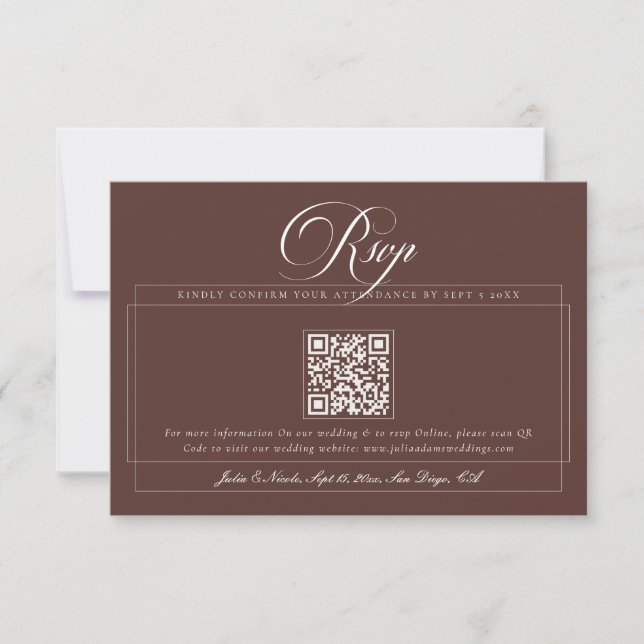 Klassisk Choco Brun Elfenben Kalligrafi QR Bröllop OSA Kort (Framsida)