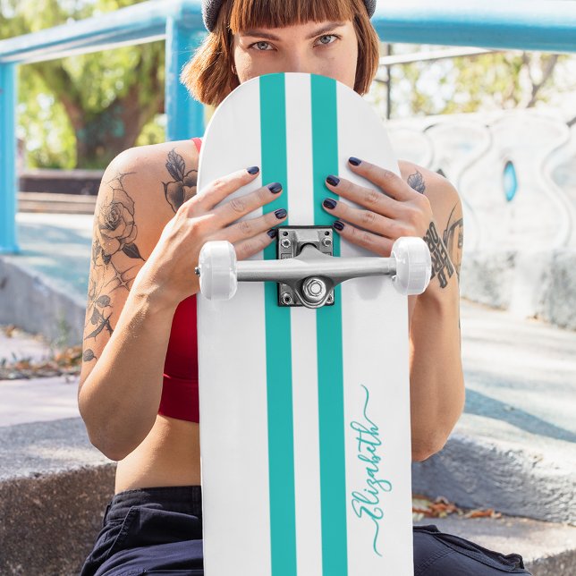 Klassisk Coola Teal White Tävla Rand Monogram Mini Skateboard Bräda 18,5 Cm (Classic Cool Teal White Racing Stripes Monogram Skateboard)
