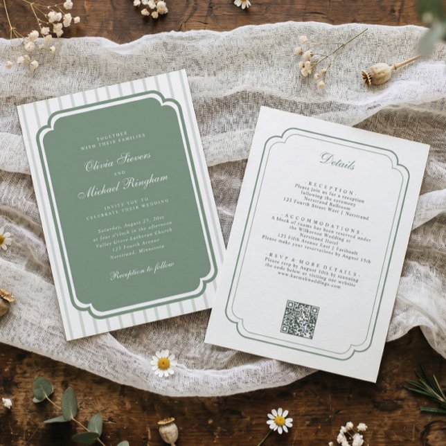 Klassisk Country Club Sagegrön Bröllopsfest Inbjudningar (All-in-one sage green striped wedding invitation with details and QR code on back.)