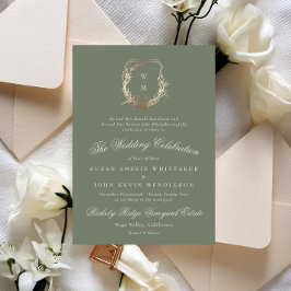 Klassisk Cream & Sage Monogram Guld Vapensköld Brö Inbjudningar
