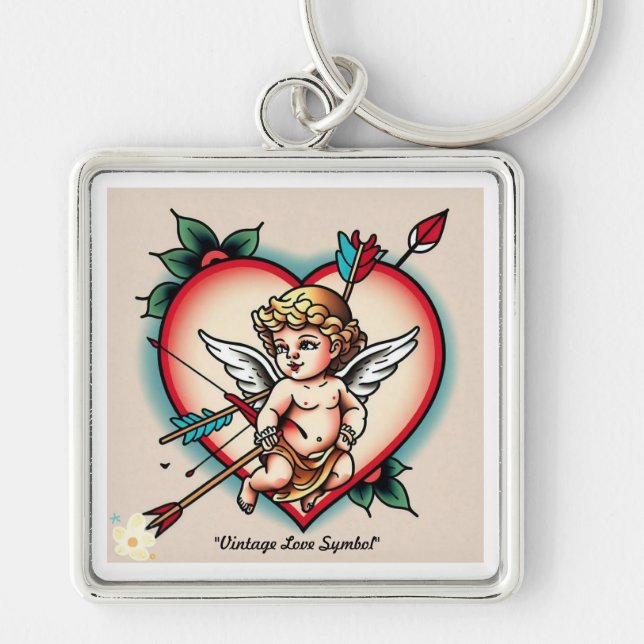 Klassisk Cupid Bow Tattoo Fyrkantig Silverfärgad Nyckelring (Framsidan)