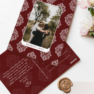 Klassisk Damask Elegant Skript Alla Hjärtans Dag-k Vykort