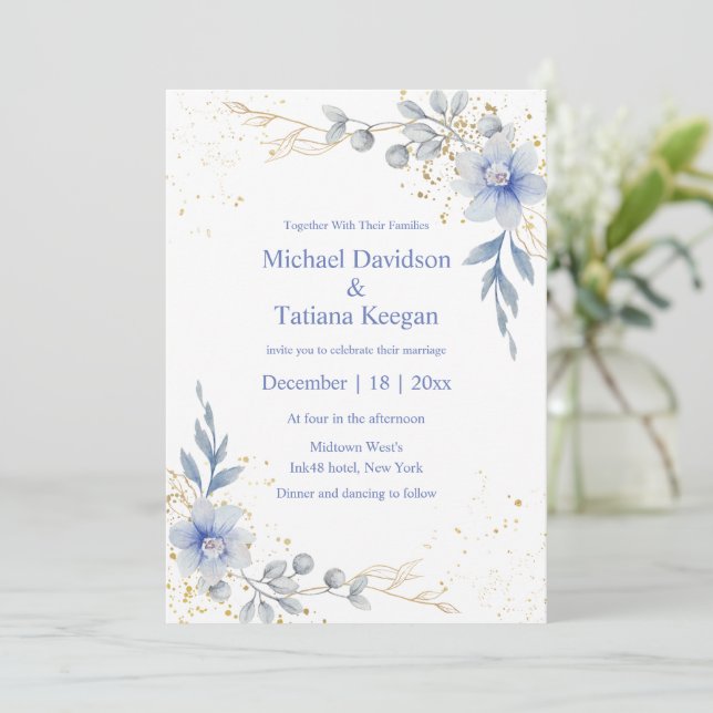 klassisk damm i blåa blommor bröllop inbjudningar (Stående Fram)