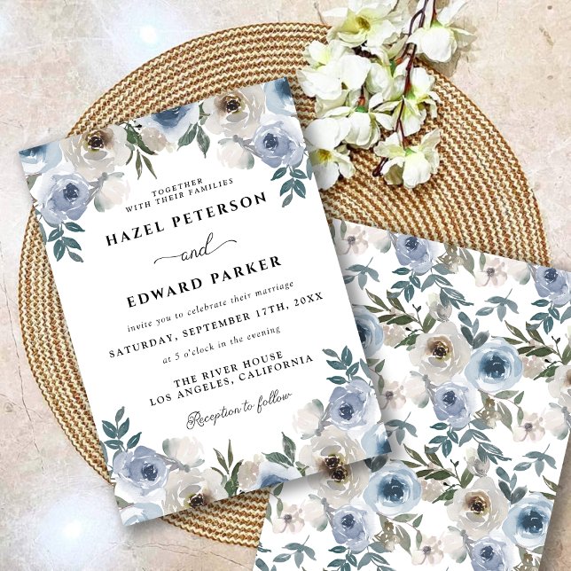 Klassisk dammblå vattenfärg, Blommigt Bröllop Inbjudningar (Classic Dusty Blue Watercolor Floral Wedding Invitation)