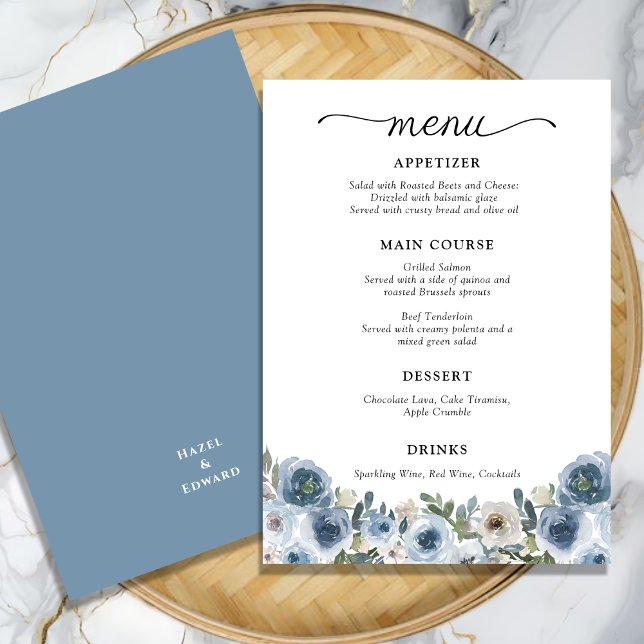 Klassisk dammblå vattenfärg, Blommigt Bröllop Meny (Classic Dusty Blue Watercolor Floral Wedding Menu)