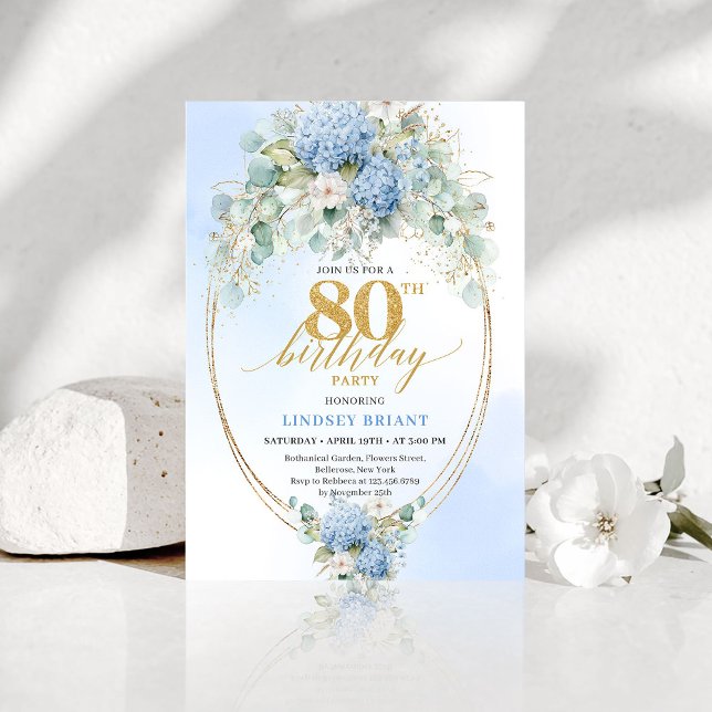 Klassisk dammig blå akvarell 80-års födelsedagsinb inbjudningar (Classic Dusty Blue Watercolor 80th Birthday Invitation)