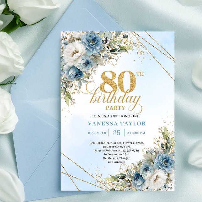 Klassisk dammig blå blommig guld 80-års födelsedag inbjudningar (Classic Dusty Blue Floral Gold 80th Birthday Invite Set

)