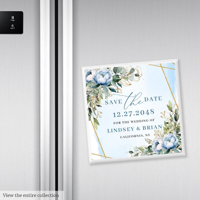 Klassisk dammig blå blommig guld ram spara datum magnet (Classic Dusty Blue Floral Gold Frame Save the Date)