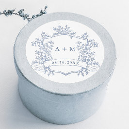 Klassisk dammig blå blommig vapensköld monogram runt klistermärke