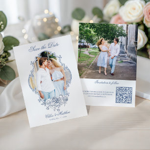 Klassisk dammig blå blomsterfotografiram bröllop spara datumet