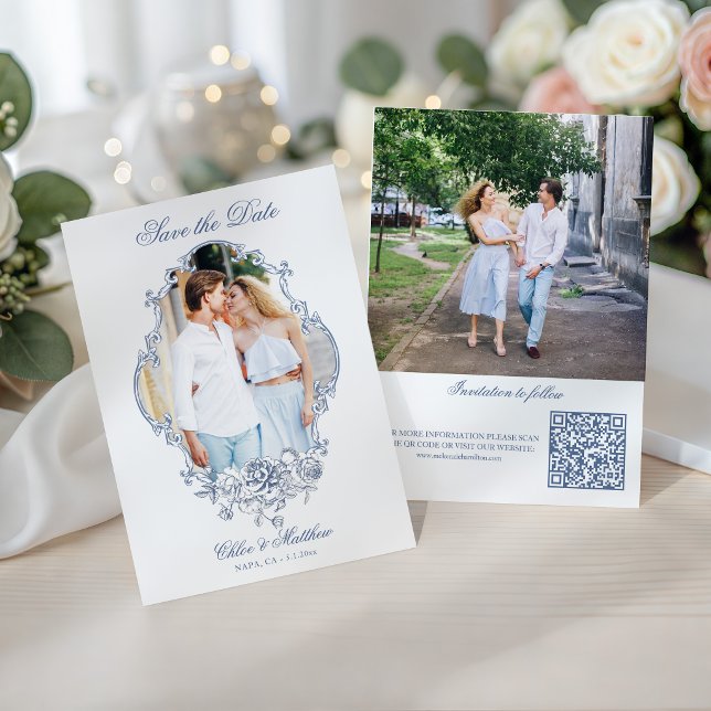 Klassisk dammig blå blomsterfotografiram bröllop spara datumet (Skapare uppladdad)