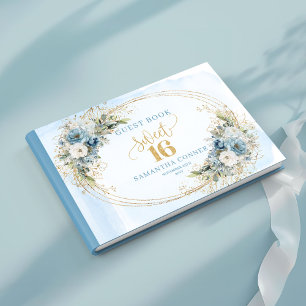 Klassisk dammig blå blomstergästskylt för sött 16- gästböcker