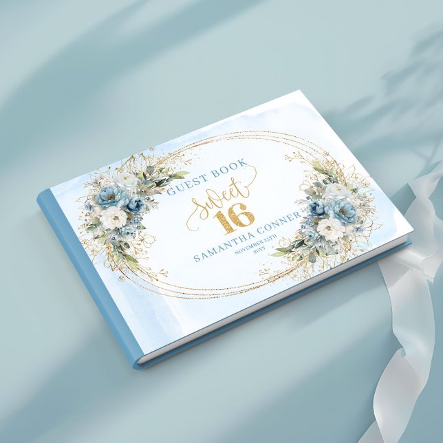 Klassisk dammig blå blomstergästskylt för sött 16- gästböcker (Classic Dusty Blue Floral Sweet 16th Guest Sign Book)