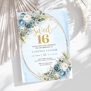Klassisk dammig blå blomsterglädje 16-årsdag  inbjudningar