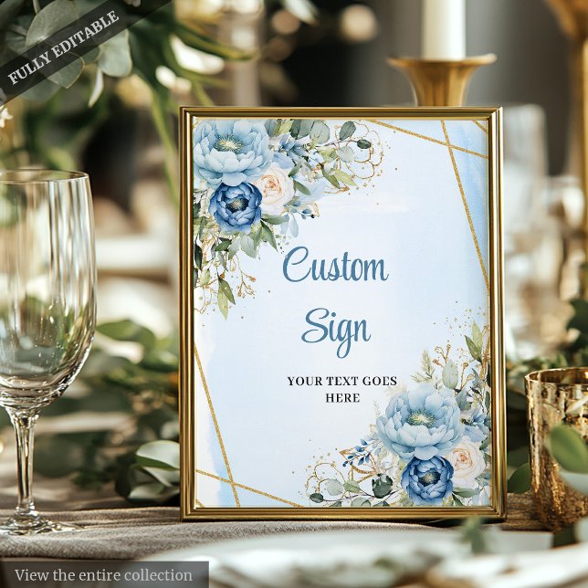 Klassisk dammig blå grönska guld ram bröllop poster (Classic Dusty Blue Greenery Gold Frame Wedding Sign)