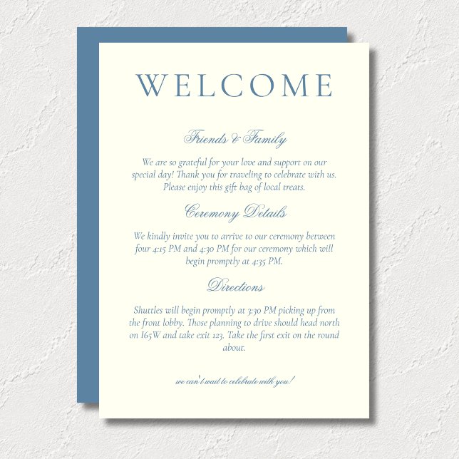 Klassisk dammig blå minimalistisk bröllopsvälkomst program (Classic Dusty Blue Minimalist Wedding Welcome Program)