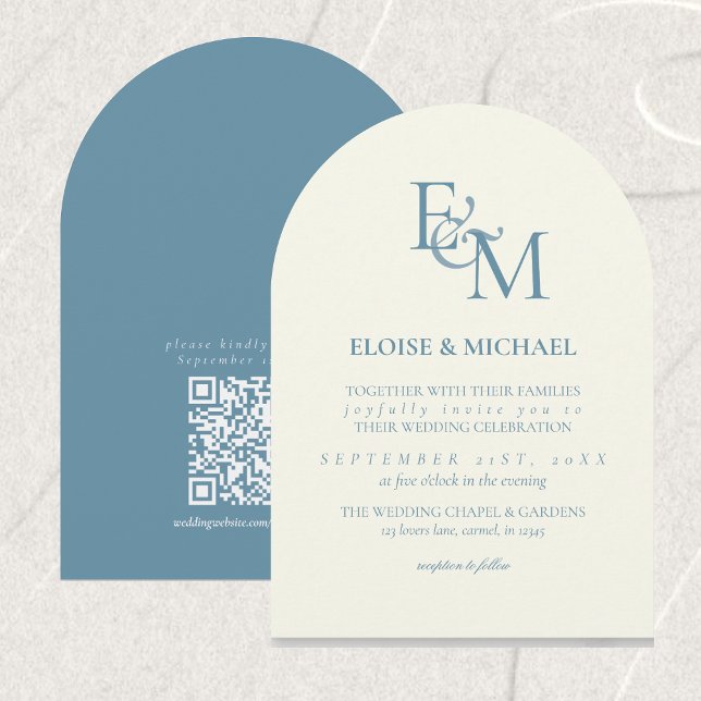 Klassisk dammig blå monogram minimalistisk bröllop inbjudningar (Classic Dusty Blue Monogram Minimalist Wedding Invitation)