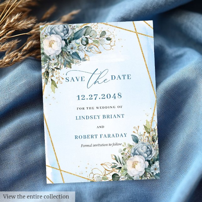 Klassisk dammig blå vit guld floral spara datum inbjudningar (Classic Dusty Blue White Gold Flowers Save The Date)
