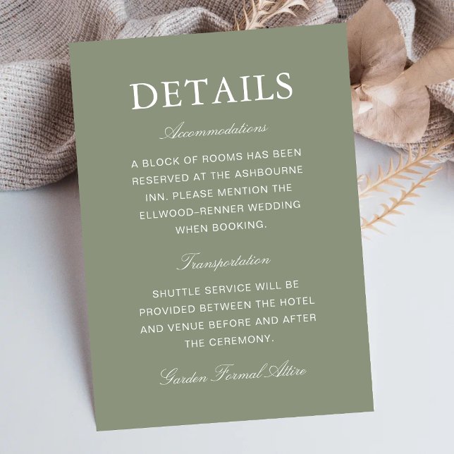 Klassisk dammig grön bröllopsinformation med scrip tilläggskort (Classic dusty green enclosure cards share wedding details with timeless elegance and clarity.)