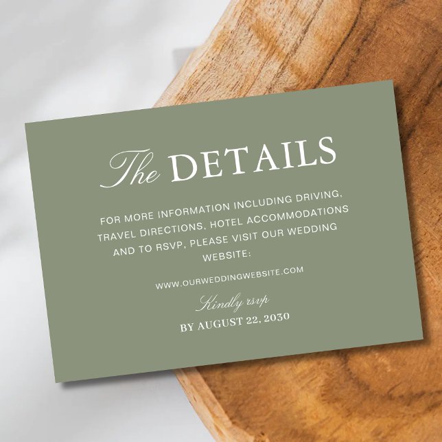 Klassisk dammig grön bröllopsinformationsskript tilläggskort (Classic dusty green enclosure cards keep wedding details clear with elegant, timeless charm.)
