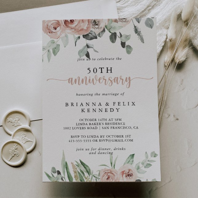 Klassisk dammig rosa ros 50-års bröllopsjubileum  inbjudningar (Skapare uppladdad)